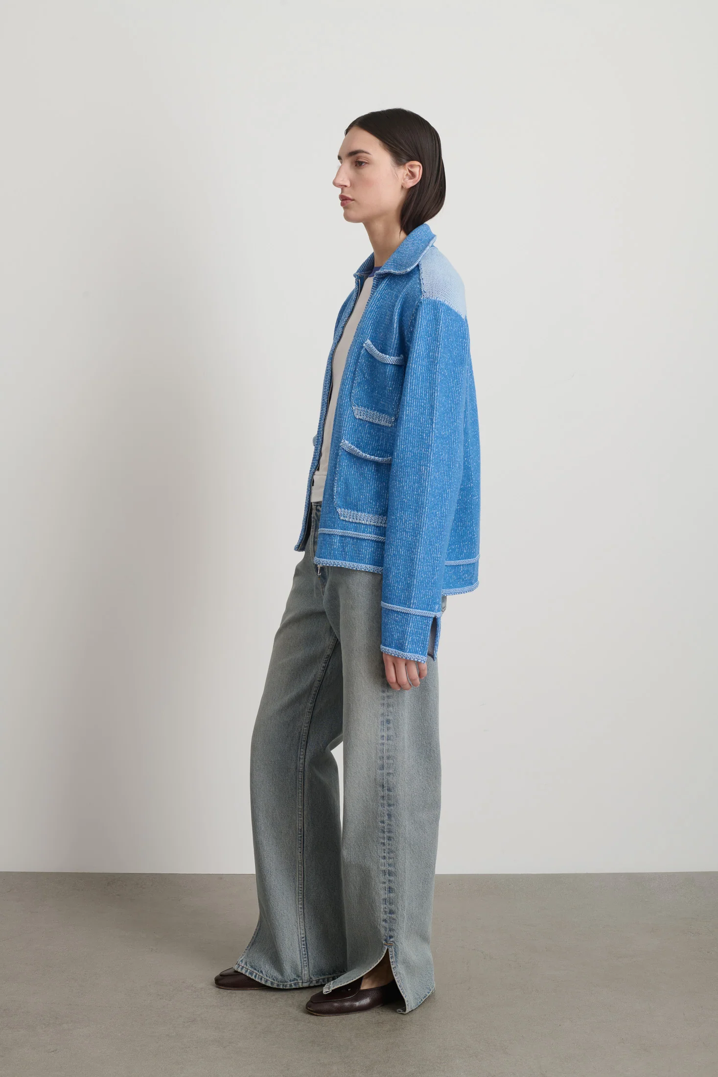 Hand Knit Sweater Jacket Blue/White - Image 2